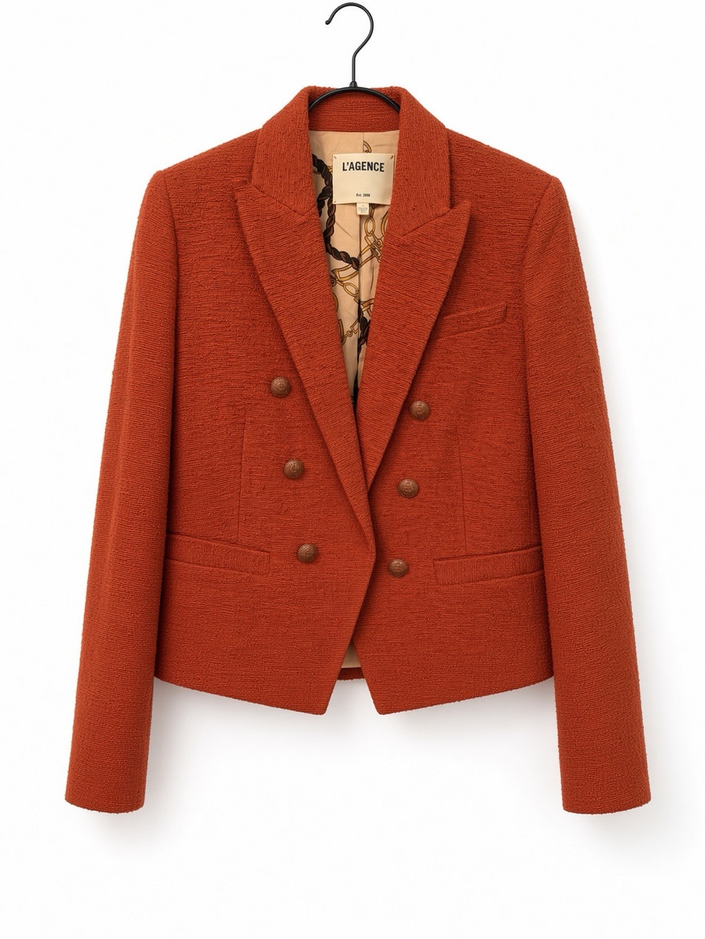 L'AGENCE “Brooke” Rust Double-Breasted Tweed Blazer